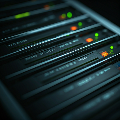 Server components with cyan indicator lights